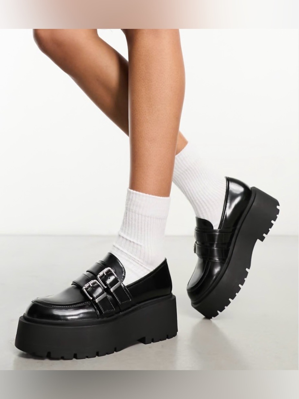 Zodiac Chunky Black Platform Loafers with Double Buckle
